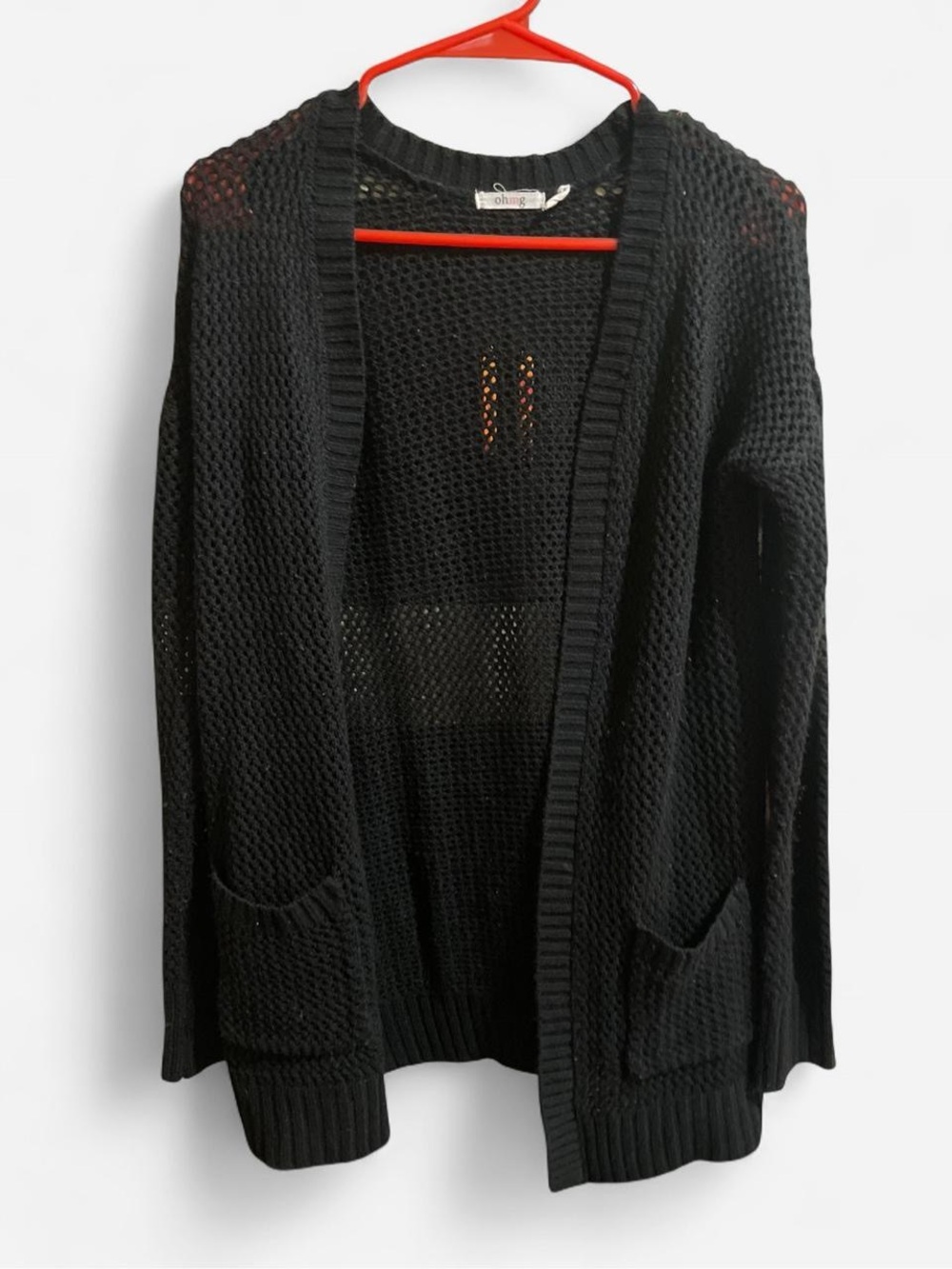 Open-Weave Black Pocket Cardigan Sweater